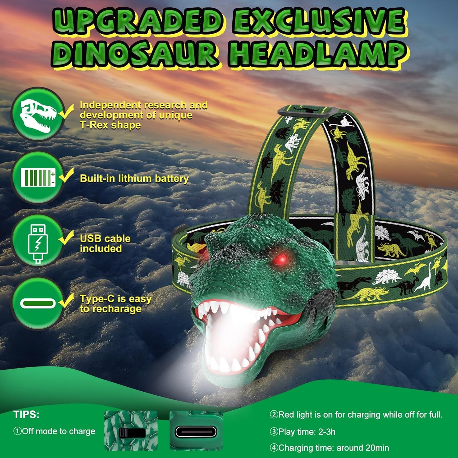Kids Headlamp, Dinosaur LED Rechargeable Headlamp for Kids Rechargeable Led Headlights Roar & Silent Mode, T-Rex Dinosaur Toys for Kids 3-8, Camping Gear, Christmas Gifts for Boys Girls Adults