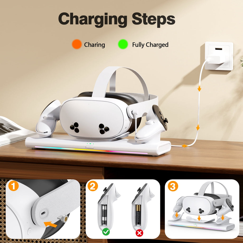 VR Charging Dock for Meta Quest 3S/Quest 3/Quest 2, Magnetic Charging Station for Oculus Quest 3 VR Headset & Controllers, with 2 Rechargeable 2100mAh Batteries, Supports LED Indicator,White