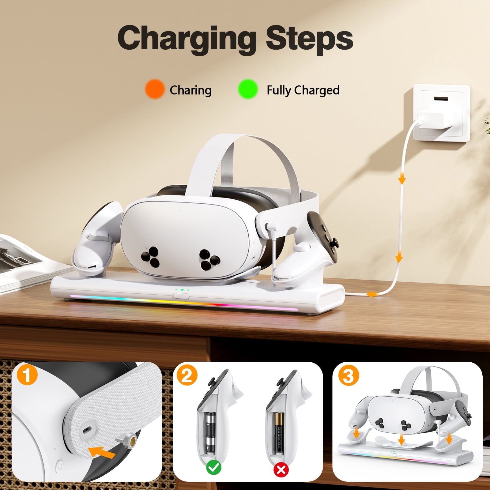 VR Charging Dock for Meta Quest 3S/Quest 3/Quest 2, Magnetic Charging Station for Oculus Quest 3 VR Headset & Controllers, with 2 Rechargeable 2100mAh Batteries, Supports LED Indicator,White