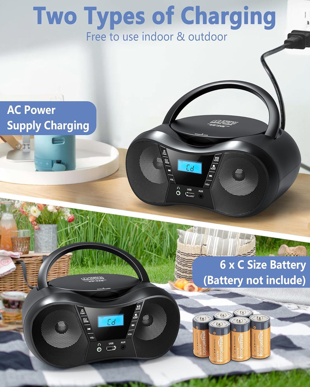 Prociv CD Player Boombox with FM Radio,Bluetooth 5.1,Clear Sound,LCD Display,USB/AUX Input,AC/Battery Powered,CD/CD-R/CD-RW Compatible,3.5mm Headphone Jack,Sleep Timer for Home,Seniors,Kids Black