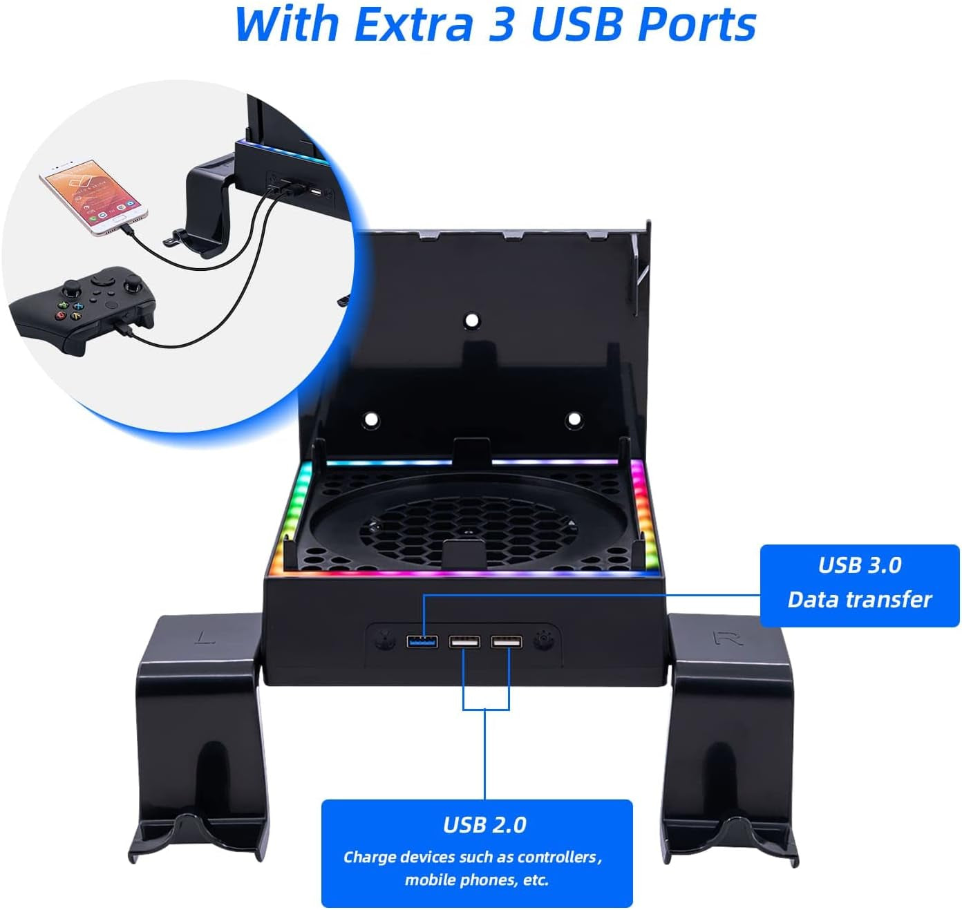 Wiher LED Cooling Stand for Xbox Series X 3-Level Adjustable Dual Cooling Fan Cooler RGB Wall Mount Cooling Station with Controller & Headphone Holder for Xbox Series X