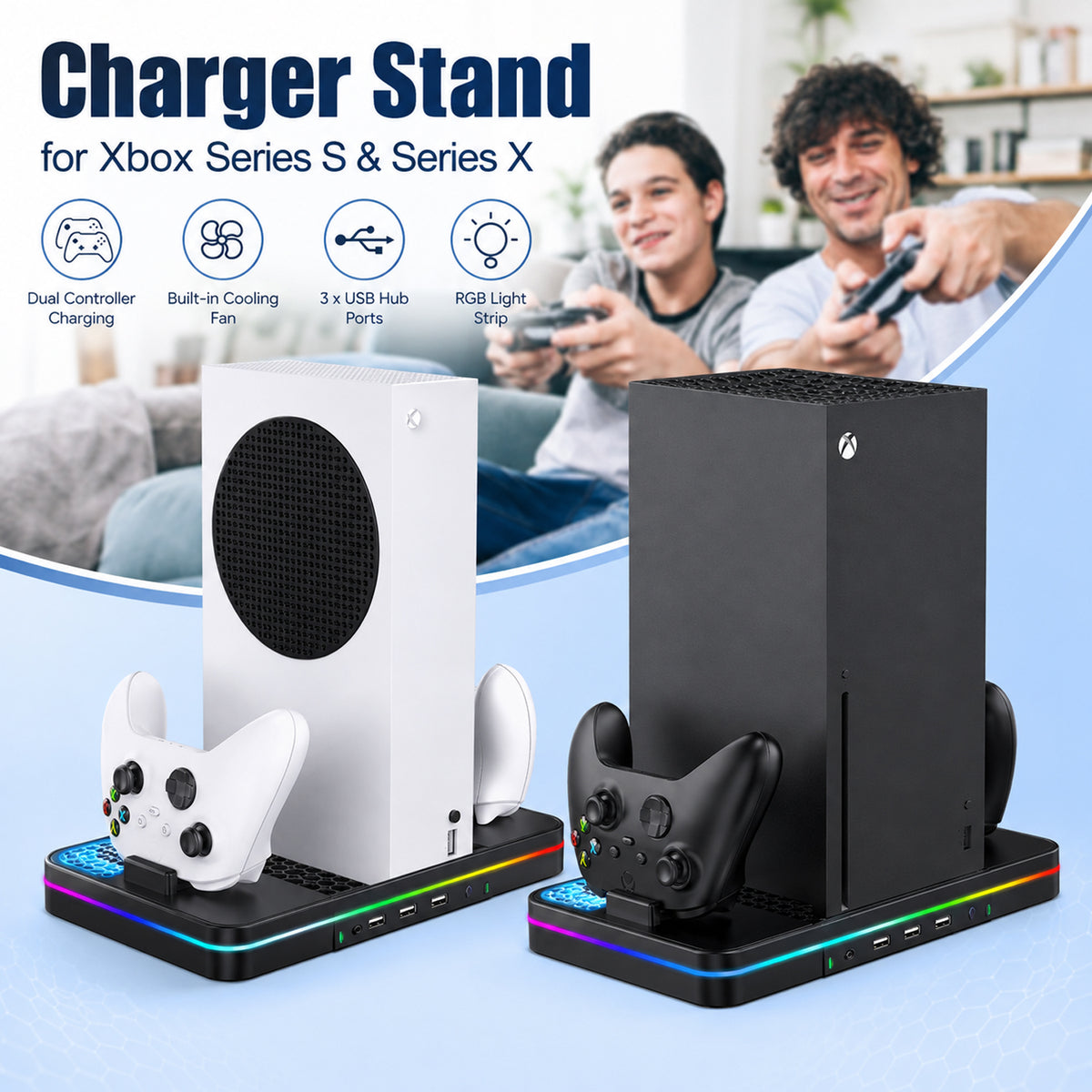 Charging Stand for Xbox Series X/S Console with Cooling Fan Controller Charging Dock and Headset Holder, Xbox Series Accessories with 3 USB Ports, Black