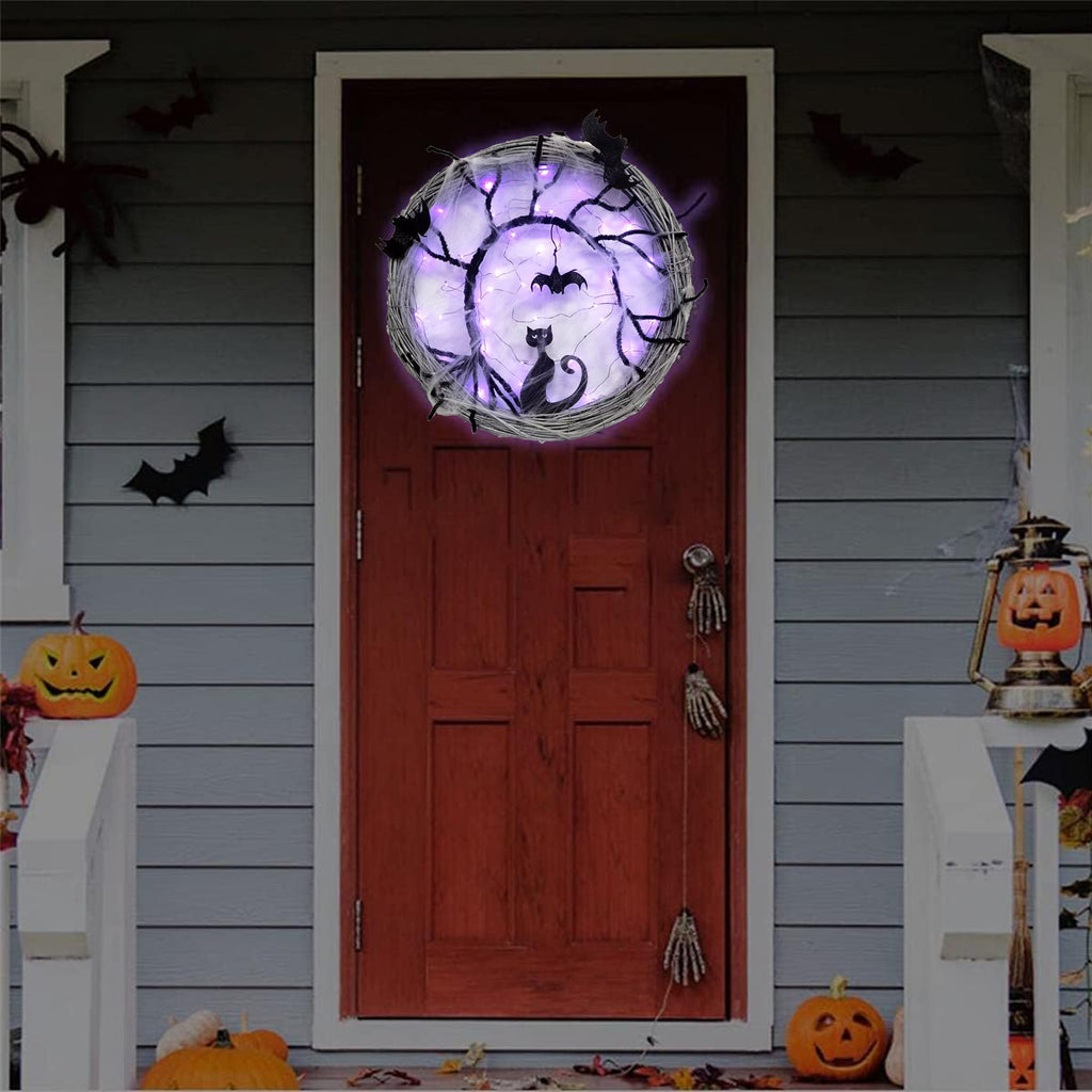 Wiher 18.8Inch Lighted UP Bat and Cat Halloween Wreath Decoration with Purple LED Lights,Battery Operated Horror Black Wreath Halloween Porch Decor