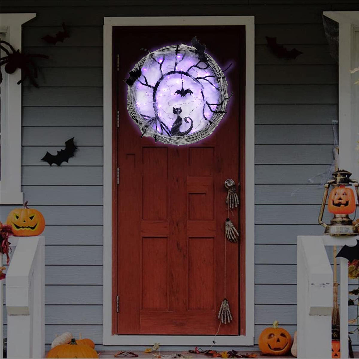 Wiher 18.8Inch Lighted UP Bat and Cat Halloween Wreath Decoration with Purple LED Lights,Battery Operated Horror Black Wreath Halloween Porch Decor
