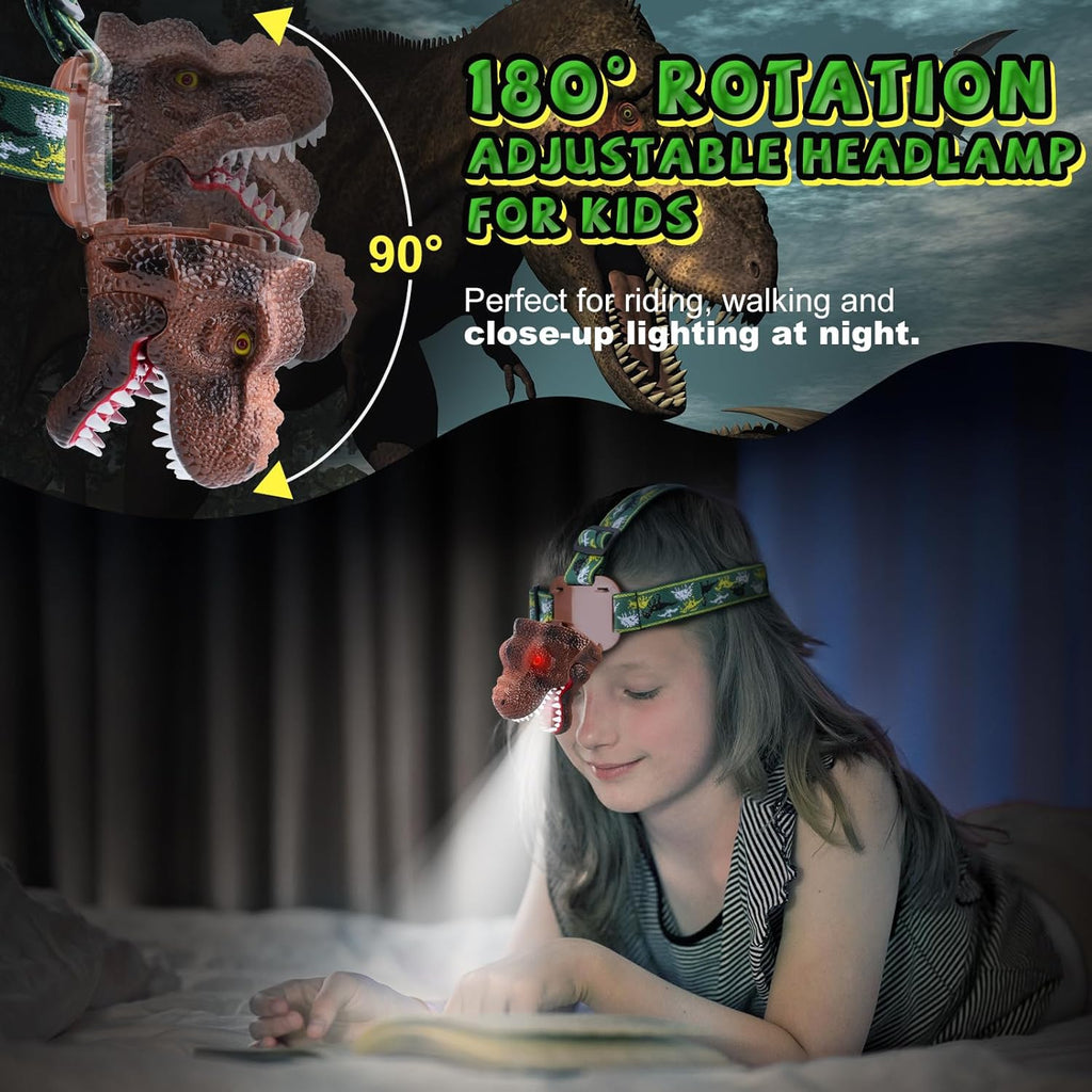 Kids Headlamp, Dinosaur LED Rechargeable Headlamp for Kids Rechargeable Led Headlights Roar & Silent Mode, T-Rex Dinosaur Toys for Kids 3-8, Camping Gear, Christmas Gifts for Boys Girls Adults