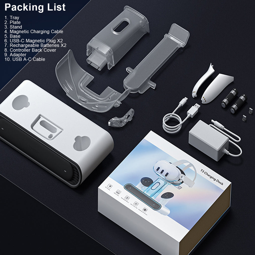 VR Charging Dock for Meta Quest 3/Quest 3S, Fast Charging Station with RGB 2 Rechargeable Batteries for Oculus Quest 3 Accessories, VR Headset Holder Stand & Controller Mount