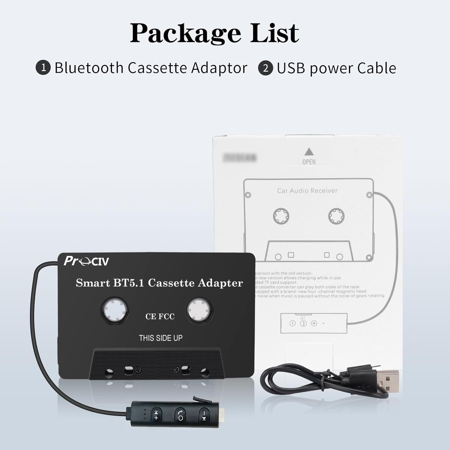 Prociv New Car Audio Bluetooth Wireless Cassette Receiver, Bluetooth 5.1 Car Audio Stereo Cassette Vehicle Tape Converter Cassette, Work While Charging Black