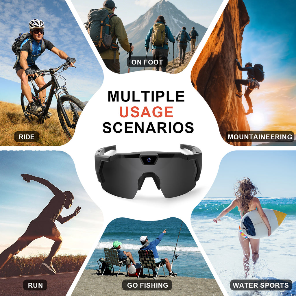 Wiher Smart Camera Glasses, Outdoor Sports Glasses HD Recording Video, Cycling Action Sunglasses, Wearable Audio Take a Picture Wireless Photography Shooting VCR，Suitable for Men and Women(Black)
