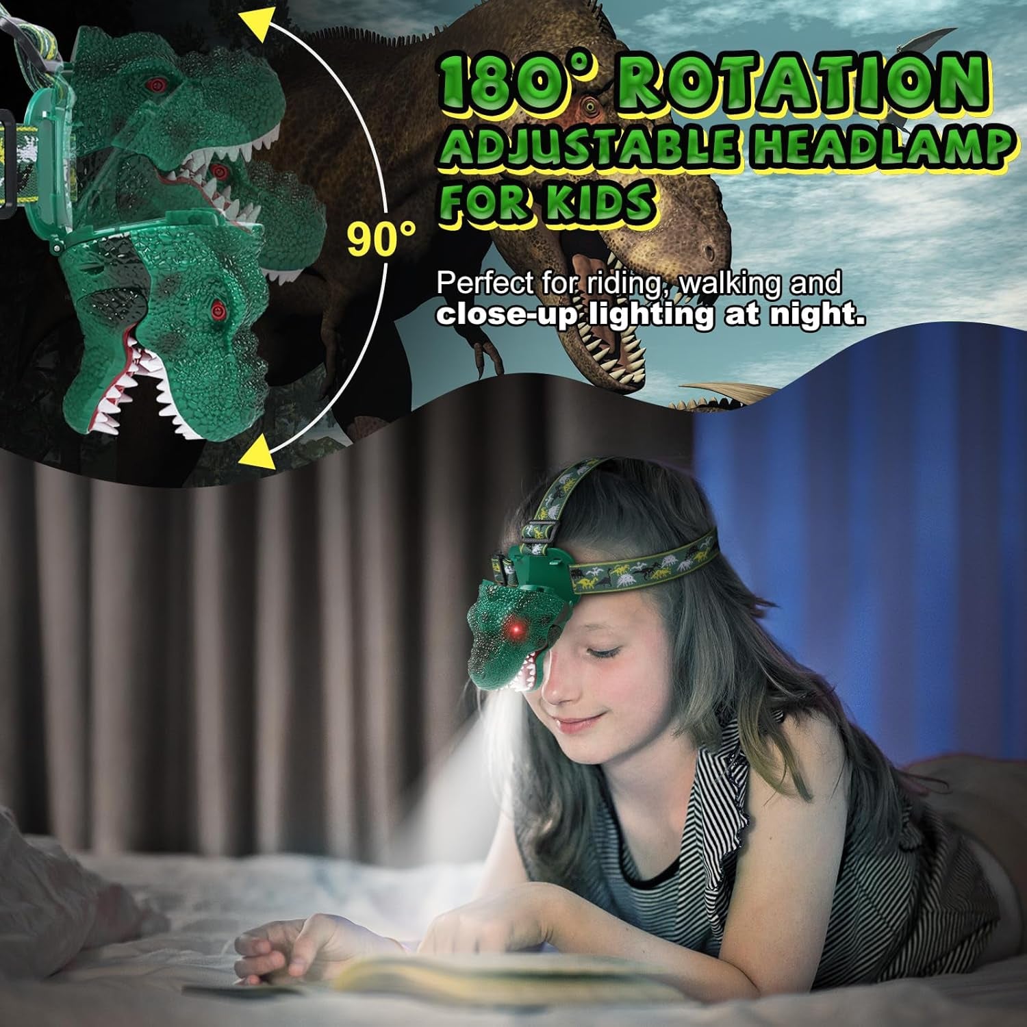 Kids Headlamp, Dinosaur LED Rechargeable Headlamp for Kids Rechargeable Led Headlights Roar & Silent Mode, T-Rex Dinosaur Toys for Kids 3-8, Camping Gear, Christmas Gifts for Boys Girls Adults