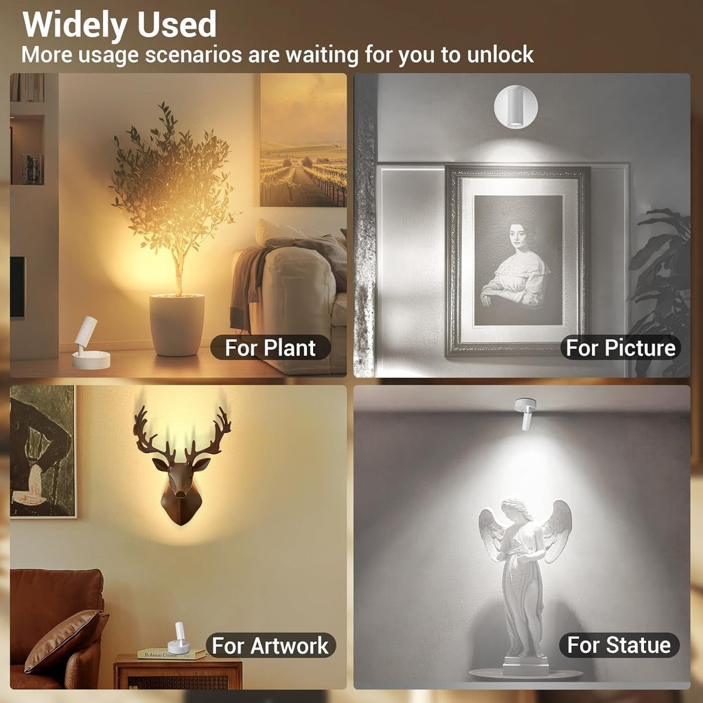 Wireless Led Spotlight Indoor Rechargeable Uplighting Indoor with Remote Dimmable 350° Rotate Battery Powered Ceiling Spotlight for Artwork Painting Tree White 1pcs