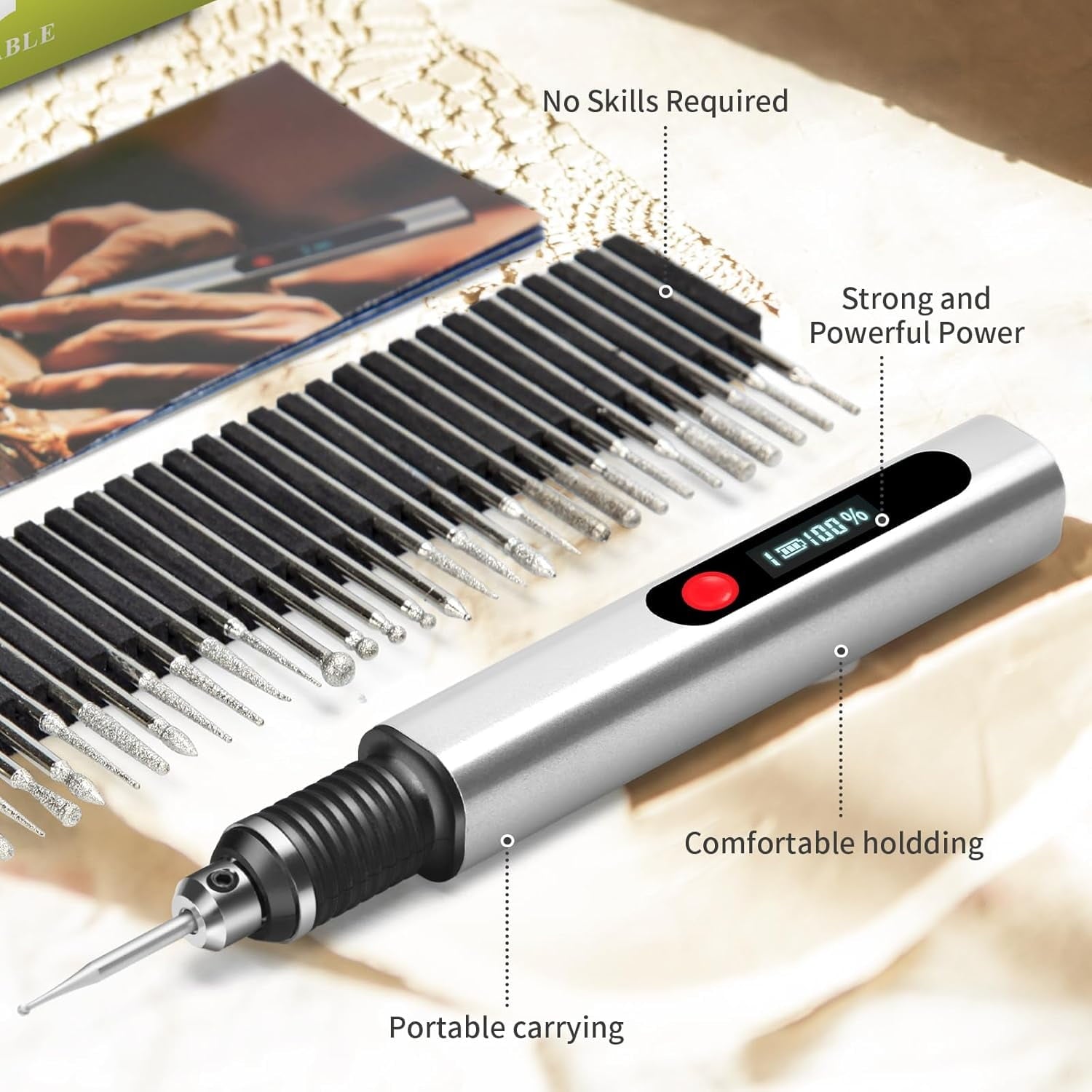 Wiher Engraving Pen with 30 Bits Mini Electric DIY Engraver Cordless Rotary Tools Portable Engraving Pen for Metal Wood Glass and Plastic Jewelry (Silver)