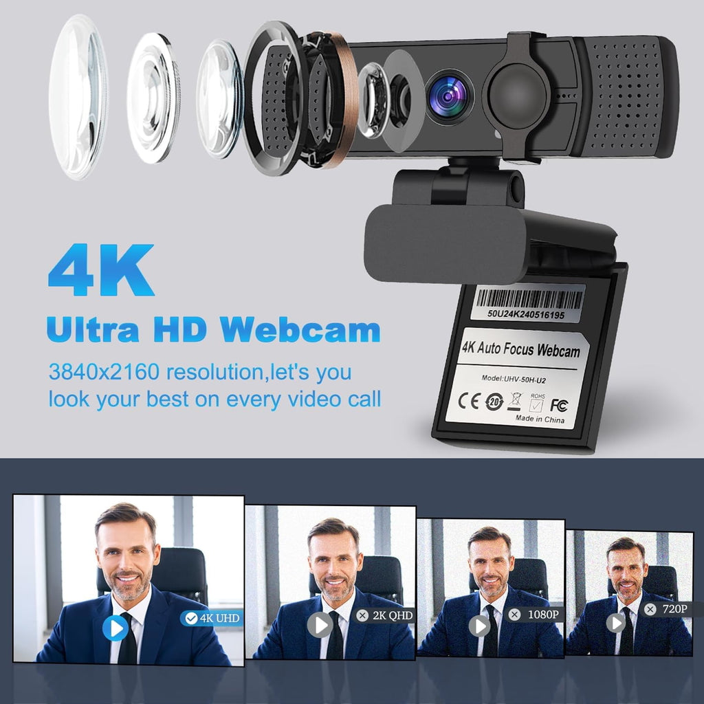 4K Webcam for PC Webcam with Microphone 4K UHD Video Calling Computer Camera with Privacy Cove for Computer/Laptop/Desktop Dual Noise-Canceling Microphones