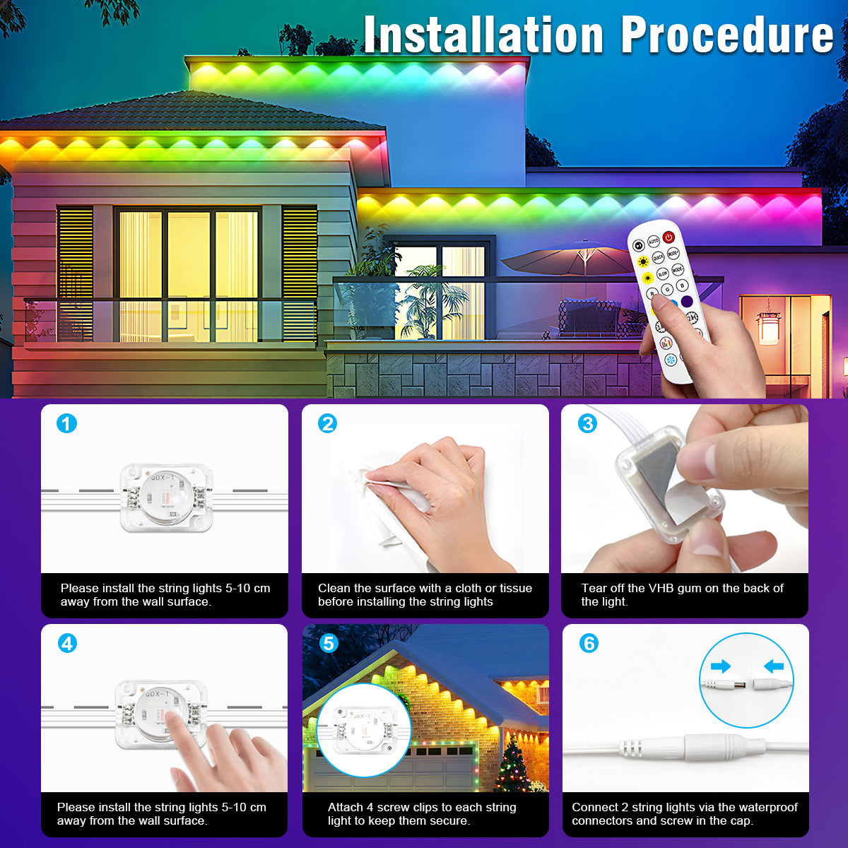 Permanent Outdoor Lights 150ft, Christmas Outdoor Lights Smart RGB+IC App Control with 48 LEDs, LED Eaves Lights IP67 Waterproof, House Roof Outdoor Lighting for Party, Daily, Halloween,Garden