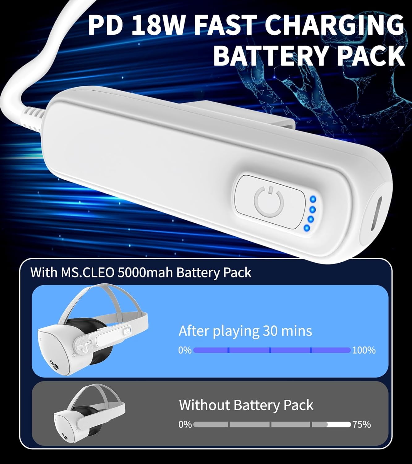 Battery Pack for Meta Quest 3S/3/2 5000mAh Fast Charging Battery for Oculus Quest 3S/3/2 Accessories Extended VR Headset Battery Lightweight and Portable Charger for Extra 2-4H