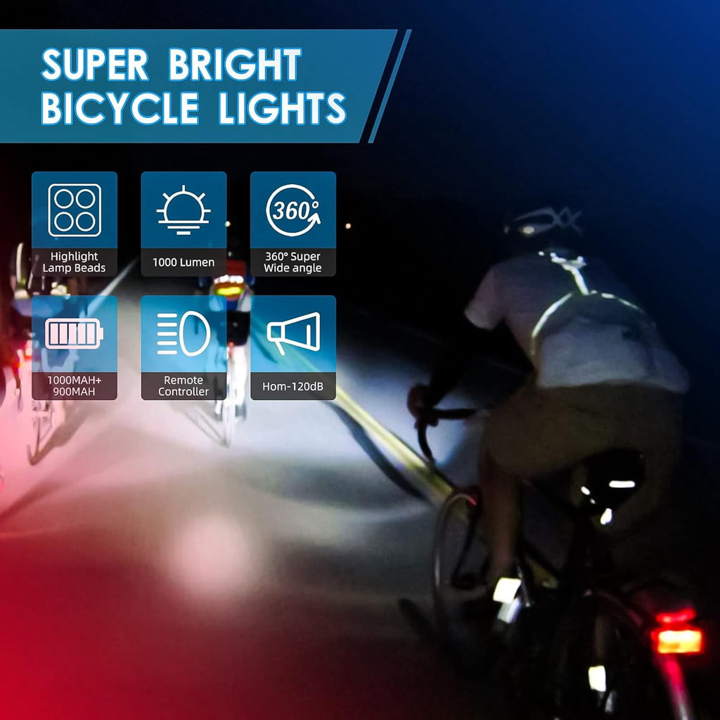 Bike Light Set with Bike Horn Alarm Remote Control Bike Tail Light with Turn Signals Bike Headlight for Night Riding Rechargeable Rear and Front Bike Light