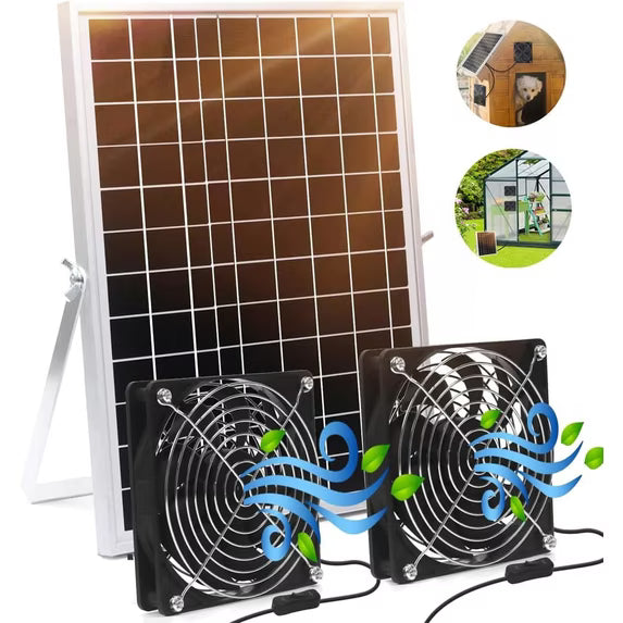 25W Solar Panel Dual Fan Kit, Waterproof Solar Exhaust Intake Fan Kit, 5 inch Brushless Fan with 11.5Ft on/off Switch Cable, Cooling Ventilation for Campervan, Greenhouse, Chicken Coop, Shed