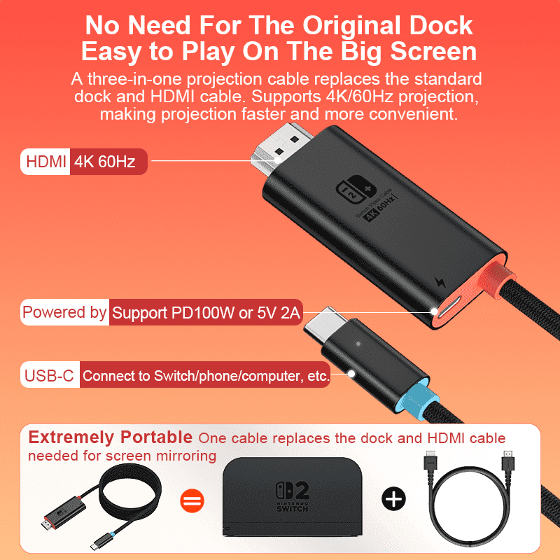 Switch 2 Portable Dock 6.5ft 4K/60 Hz USB-C to HDMI TV Adapter for Switch 2/Switch OLED/Switch(Black)