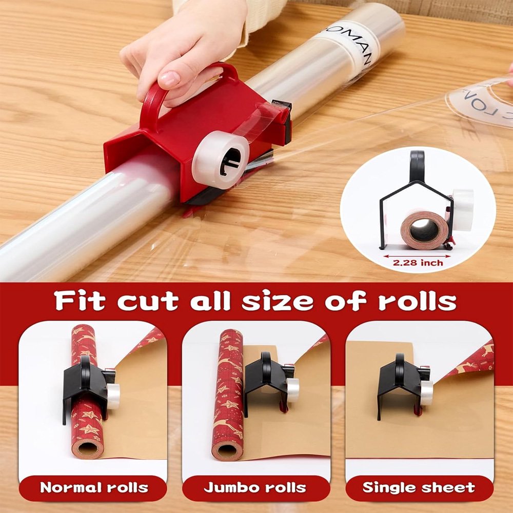 Wiher Wrapping Paper Cutter & Tape Dispenser, Gift Wrap Cutter Tool with 4 Tapes & 2 Replacement Blades, Dual Use Sliding Design for Holiday & Birthday Gift Wrapping Paper Roll, Red