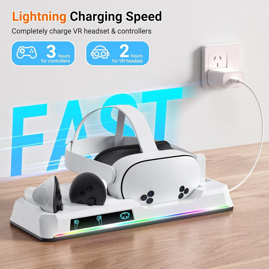 Charging Dock for Oculus Quest 3S Magnetic VR Charger with 2 Rechargeable Batteries for Meta Quest 3S Accessories VR Headset and Controller Charger Support LED Indicator