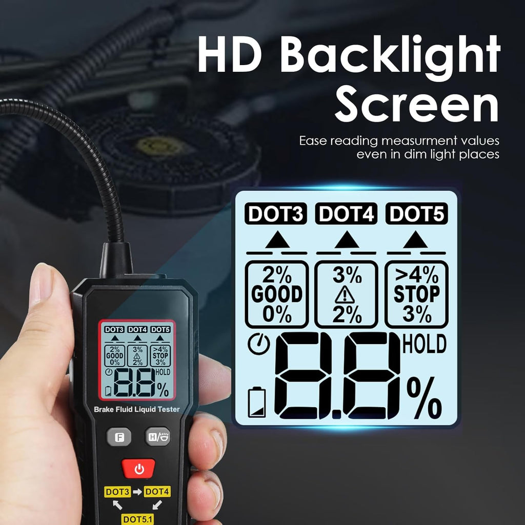 8.5-inch Digital Brake Fluid Tester Brake Fluid Moisture Tester with Light LCD Screen Data Hold 3 Colors Alarm for Auto Care for DOT3 DOT4 DOT5.1