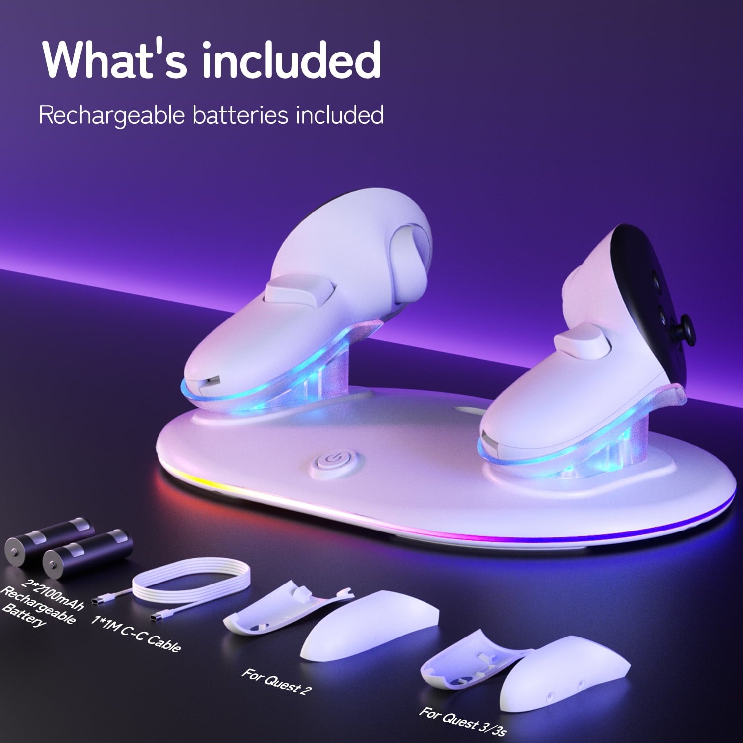 Charging Dock for Meta Quest 3S/Quest 3/Quest 2 Controller Oculus Quest 3 Magnetic Wireless Charging Station for Grip Controller with 2 Rechargeable Batteries & USB-C Cable White