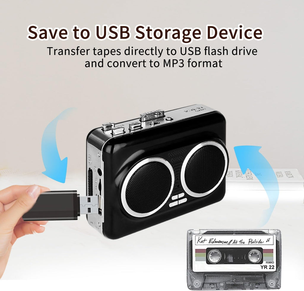 Portable Cassette Player with Auto Reverse Convert Tapes to Digital Files via USB Cassette Audio Player Tape to MP3 Converter Powered by USB Power Cord or AA Battery - Black