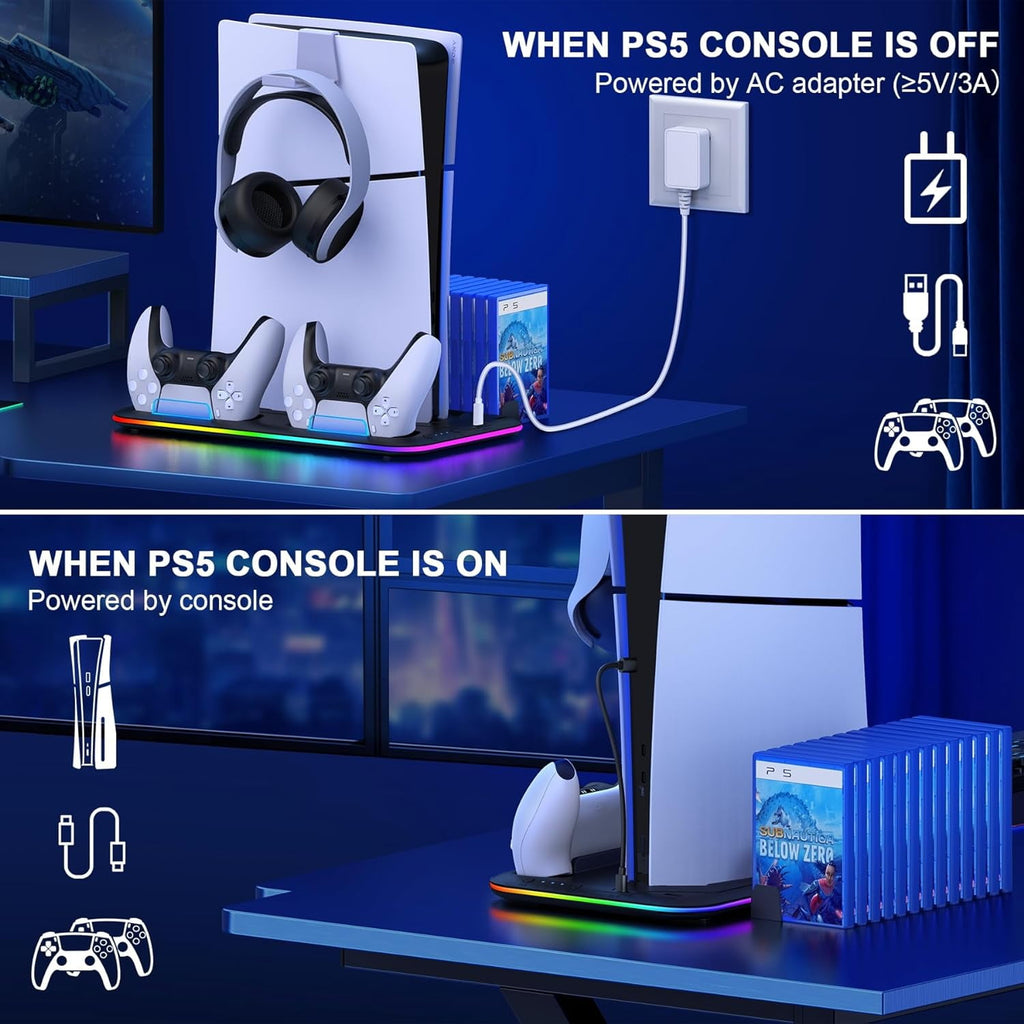 PS5 Slim Stand and Turbo Cooling Station with Controller Charging Station for Playsation 5 PS5 Accessories Incl. 3 Levels Cooling Fan RGB Light 15 Game Storage Headset Holder for PS5 Digital/Disc