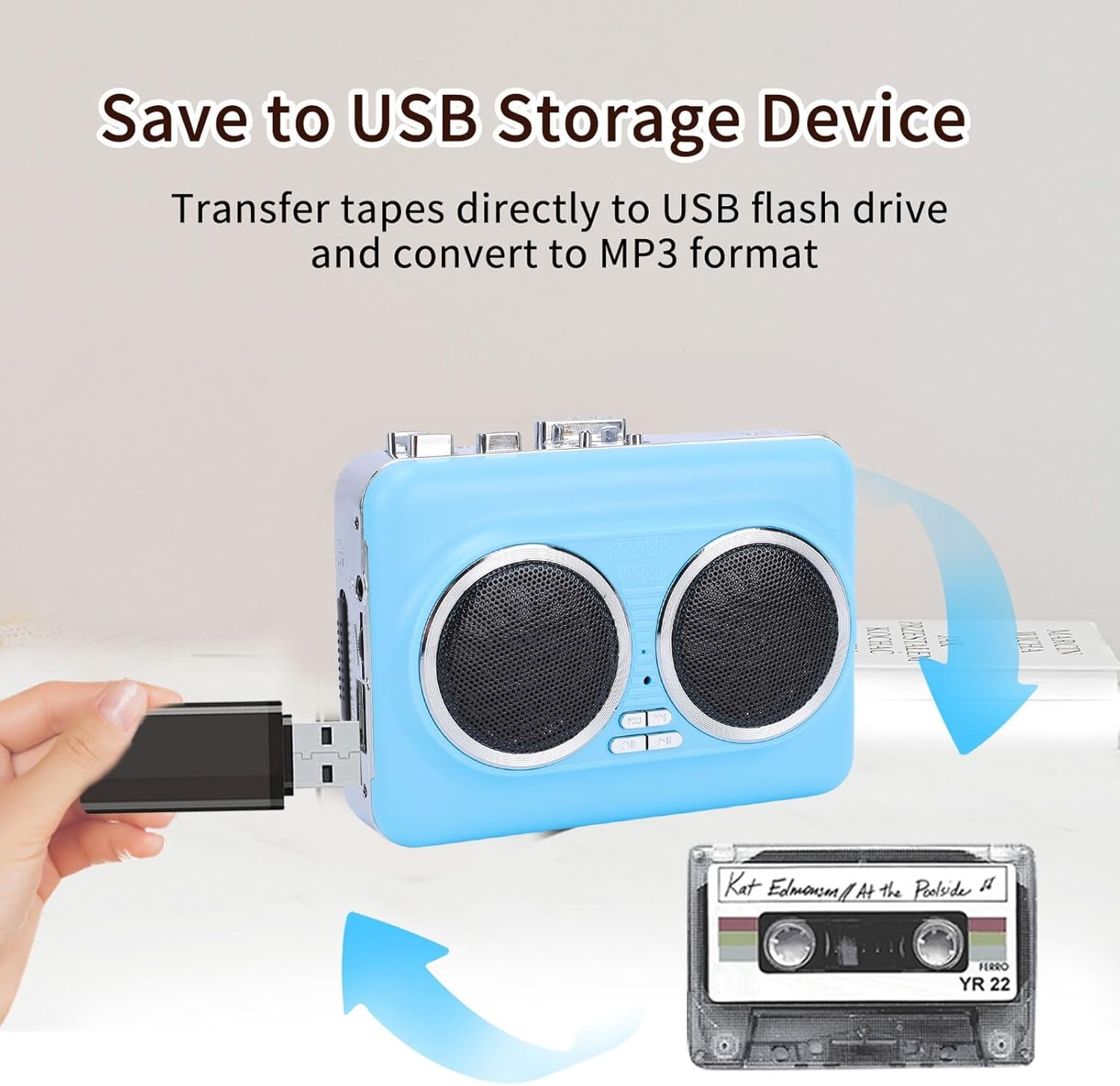 Portable Cassette Player with Auto Reverse Convert Tapes to Digital Files via USB Cassette Audio Player Tape to MP3 Converter Powered by USB Power Cord or AA Battery - Blue