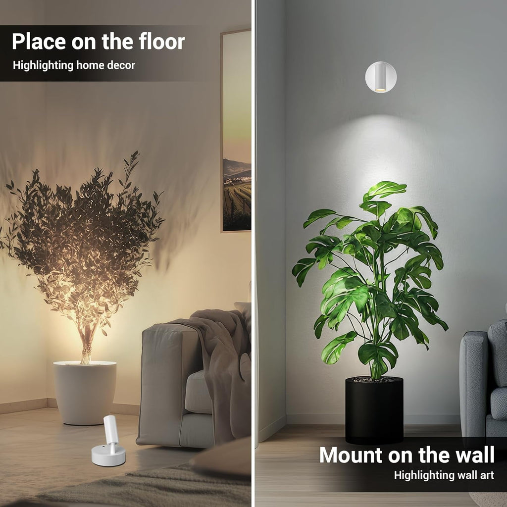Wireless Led Spotlight Indoor Rechargeable Uplighting Indoor with Remote Dimmable 350° Rotate Battery Powered Ceiling Spotlight for Artwork Painting Tree White 1pcs