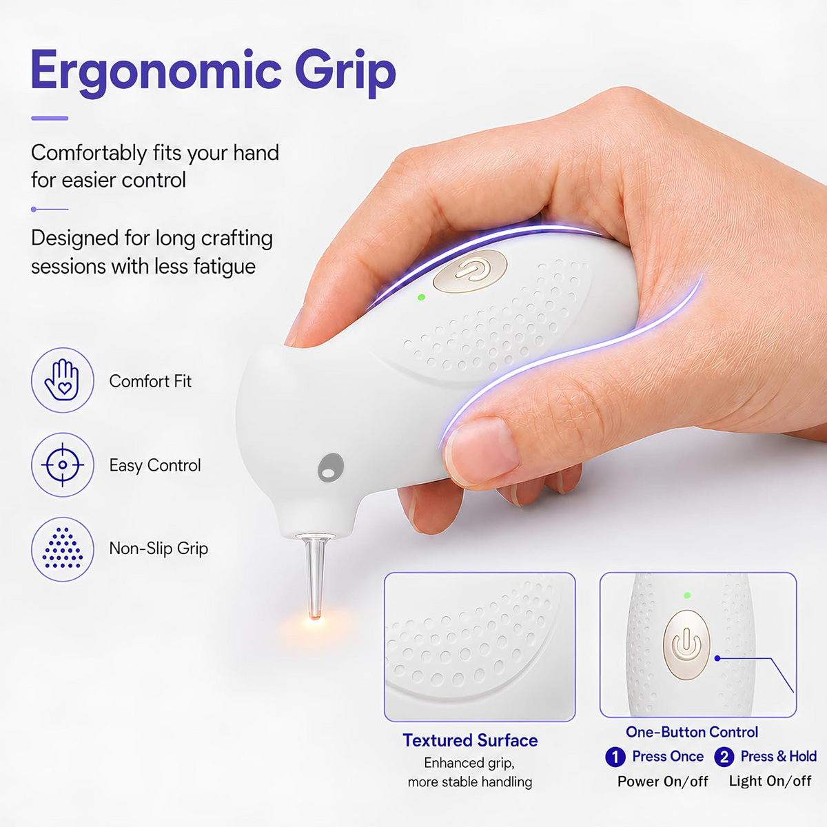 Diamond Painting Pen with Warm Light, Ergonomic Palm-Grip | Diamond art vacuum pen tool with integrated suction tip, wax-free pickup, quiet cordless USB-C rechargeable for 5D DIY crafts, White