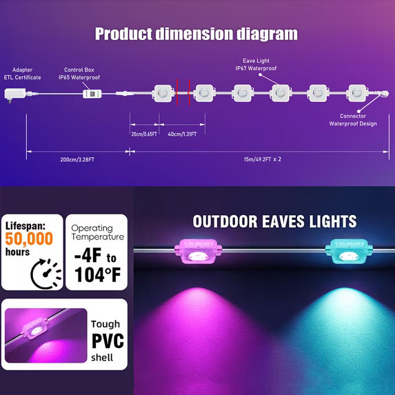 Outdoor Lights for House, Permanent Outdoor Lights, 100FT RGBIC Smart Eaves Lights with App/Remote Control, IP67 Christmas Lights Waterproof String Lights for Halloween Party House Roof Garden