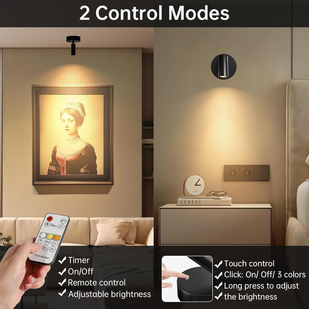 Wireless Led Spotlight Indoor Rechargeable Uplighting Indoor with Remote Dimmable 350° Rotate Battery Powered Ceiling Spotlight for Artwork Painting Tree Black 2pcs