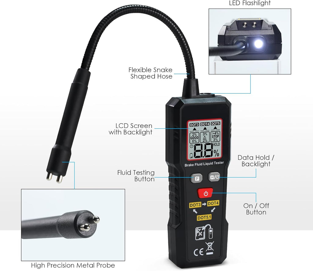 8.5-inch Digital Brake Fluid Tester Brake Fluid Moisture Tester with Light LCD Screen Data Hold 3 Colors Alarm for Auto Care for DOT3 DOT4 DOT5.1