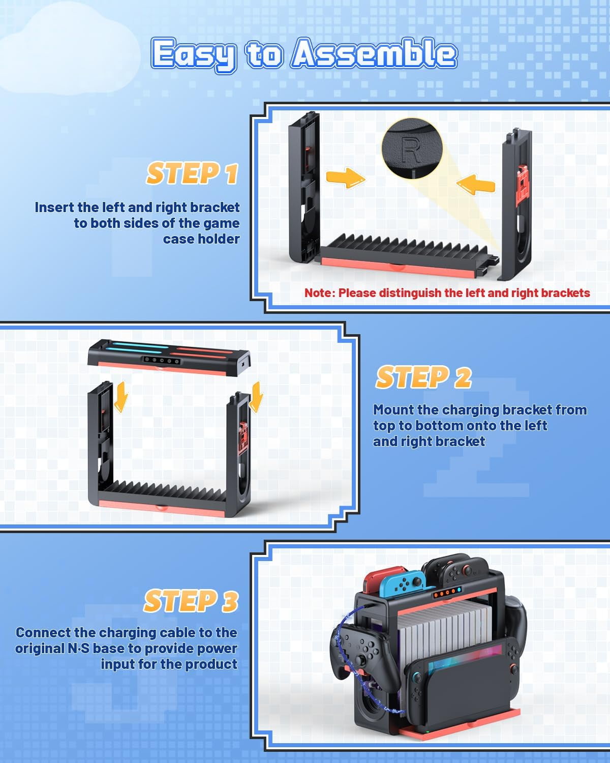 Organizer and Charging Station for Nintendo Switch 2/1 Charger Dock for Joycon 2/1 Retractable Storage Stand for Switch 2 Console 16 Game Disc 14 Game Cards for Pro Controller