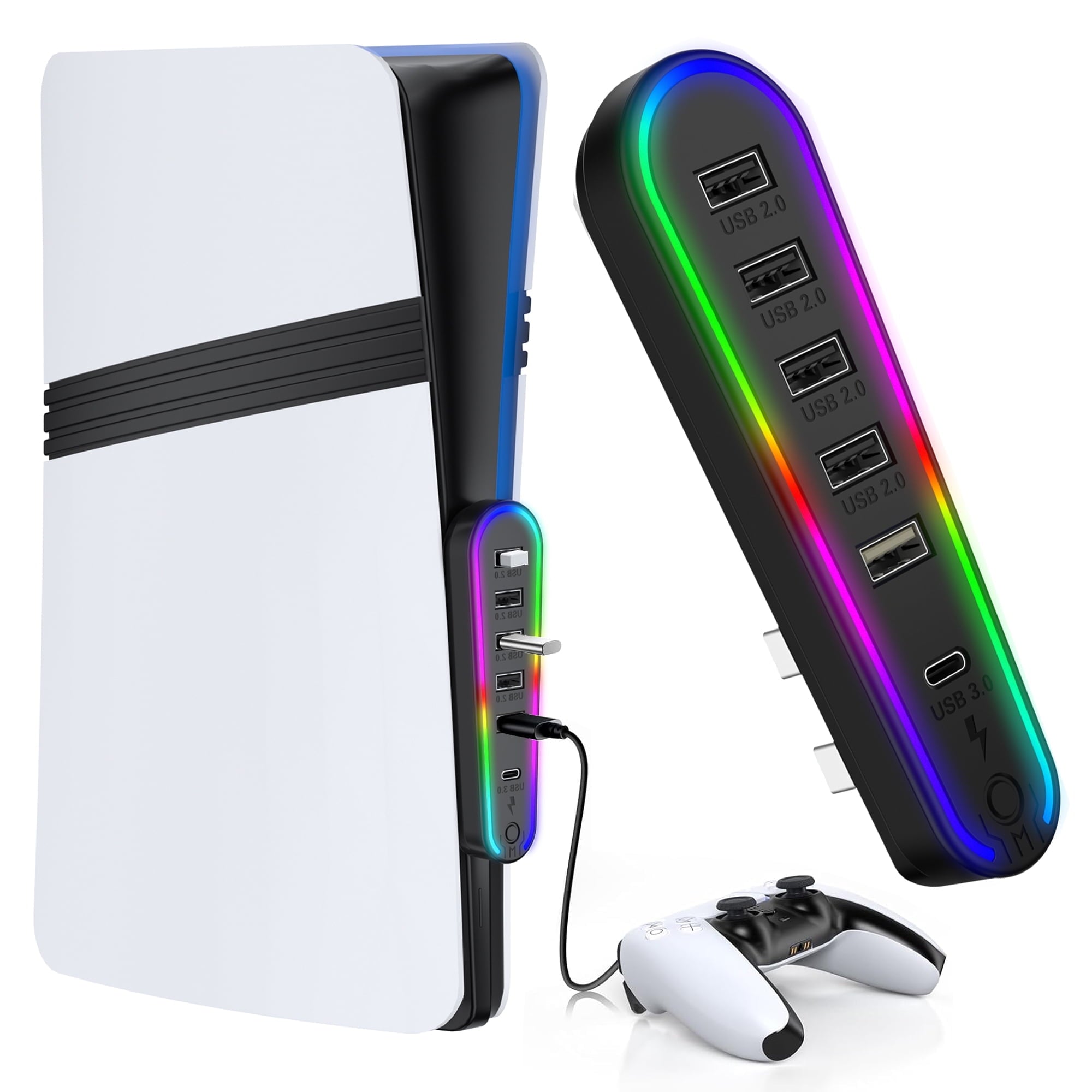 6 Ports USB Hub for PS5 Pro/PS5 Slim Console Disc & Digital High-Speed USB Port Extender for PS5 Accessories Charging Adapter with 1 Type C 3.0 + 4 USB-A 2.0 + 1 Port