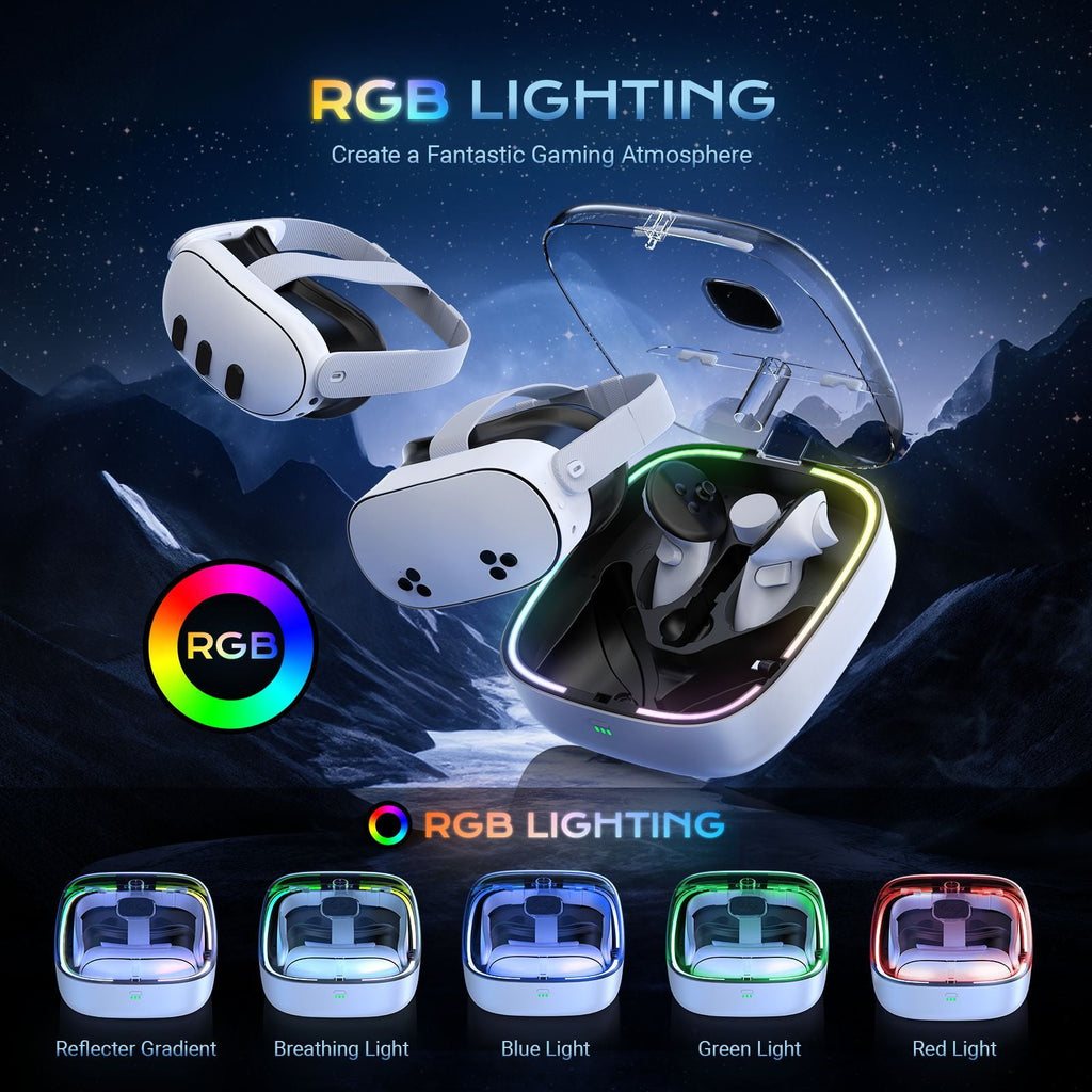 Portable Charging Storage Case for Meta Quest 3/Quest 3S with RGB LED Light Charging Dock for Quest 3 Accessories Magnetic Charging Station for Meta Quest 3 VR Headset with 2 Batteries