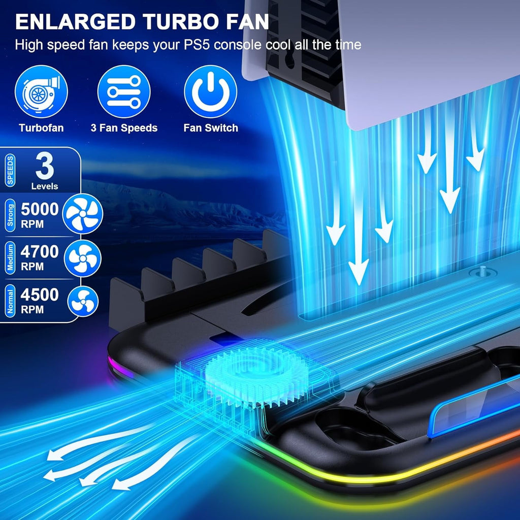 PS5 Slim Stand and Turbo Cooling Station with Controller Charging Station for Playsation 5 PS5 Accessories Incl. 3 Levels Cooling Fan RGB Light 15 Game Storage Headset Holder for PS5 Digital/Disc