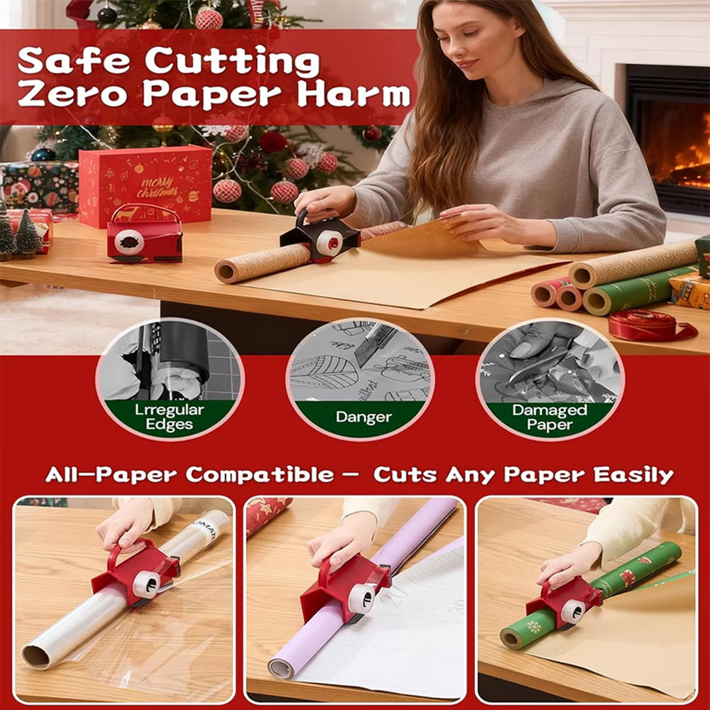 Wiher Wrapping Paper Cutter & Tape Dispenser, Gift Wrap Cutter Tool Dual Use Sliding Design with 4 Tapes & 2 Replacement Blades for Holiday & Birthday Gift Wrapping Paper Roll, 2 Pack（Black Red）