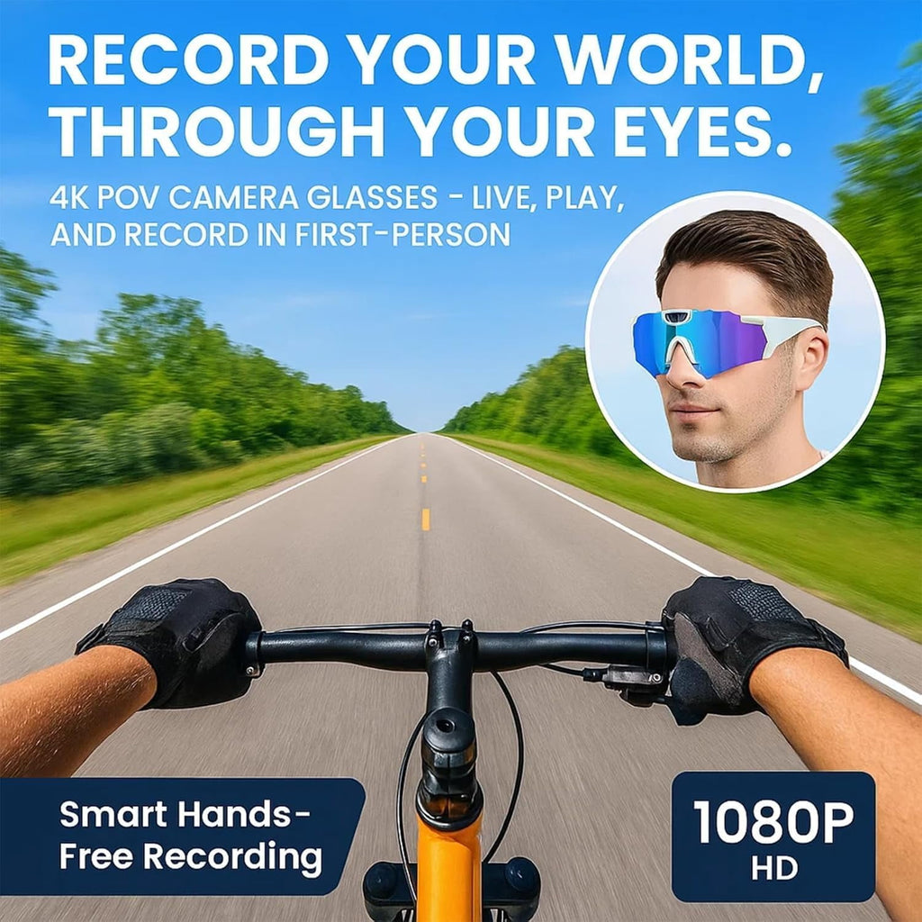 Wiher Smart Camera Glasses 4k POV Sports Glasses HD Recording Video Cycling Action Sunglasses Wearable Audio Take a Picture Wireless Photography Shooting VCR，Suitable for Men and Women(Blue)