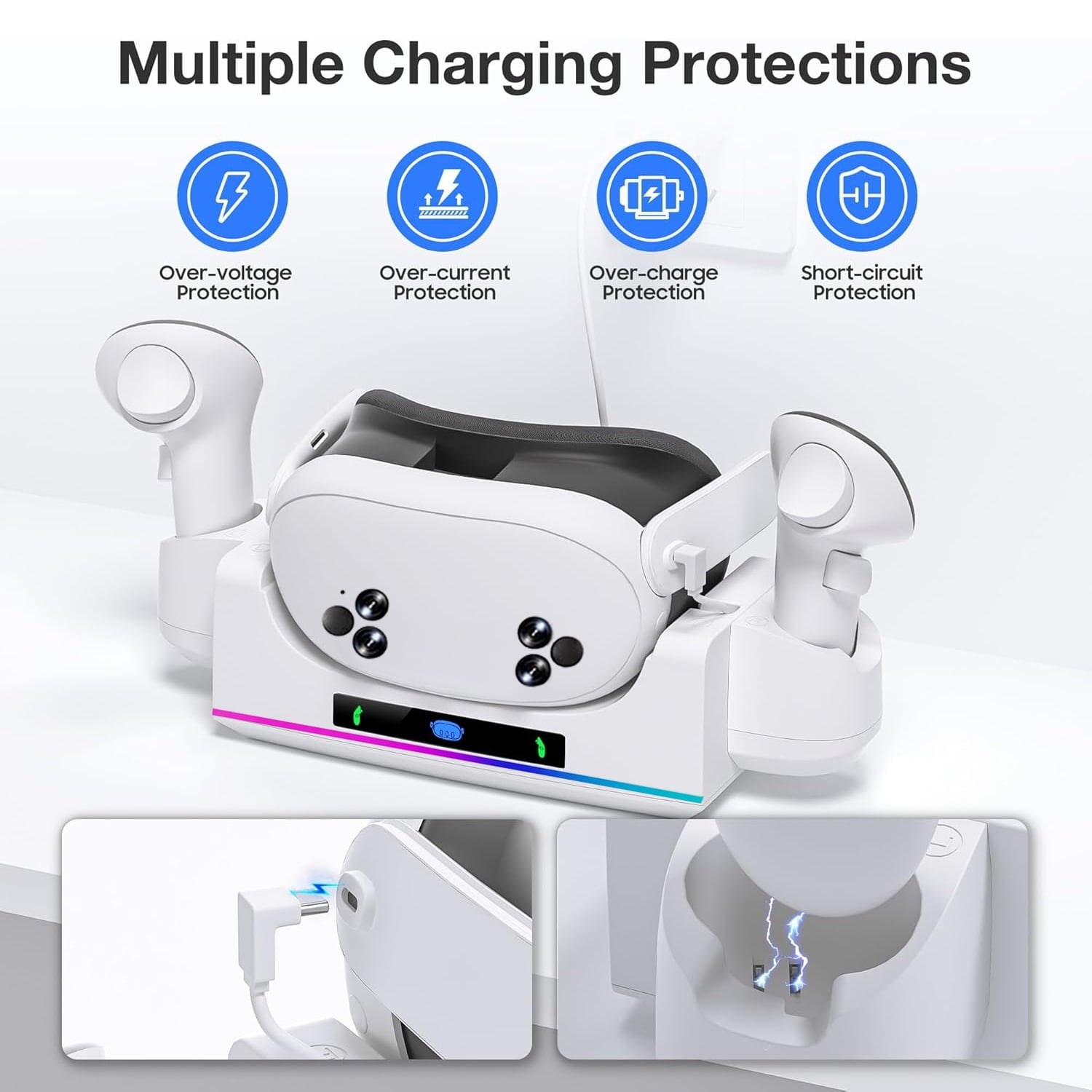 RGB Charging Dock for Oculus/Meta Quest 3S VR Headset and Controller Fast Charger Base Wall Mount Charging Stand for Meta Quest 3S Accessories with 2 Rechergeable Dual-Use