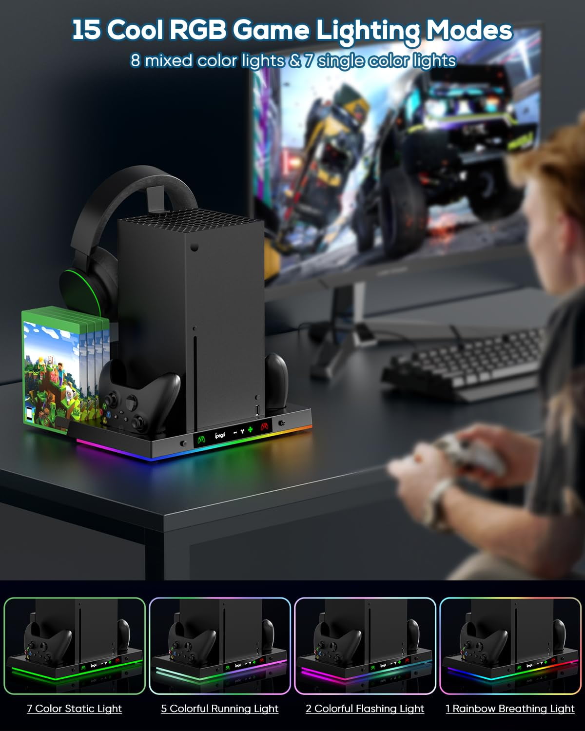 Upgraded RGB Cooling Fan Charging Station for Xbox Series X Console & Controller Wireless Dual Charger Dock & Cooler System Stand with 15 Colorful Light Modes for Xbox Series X & Accessories Storage