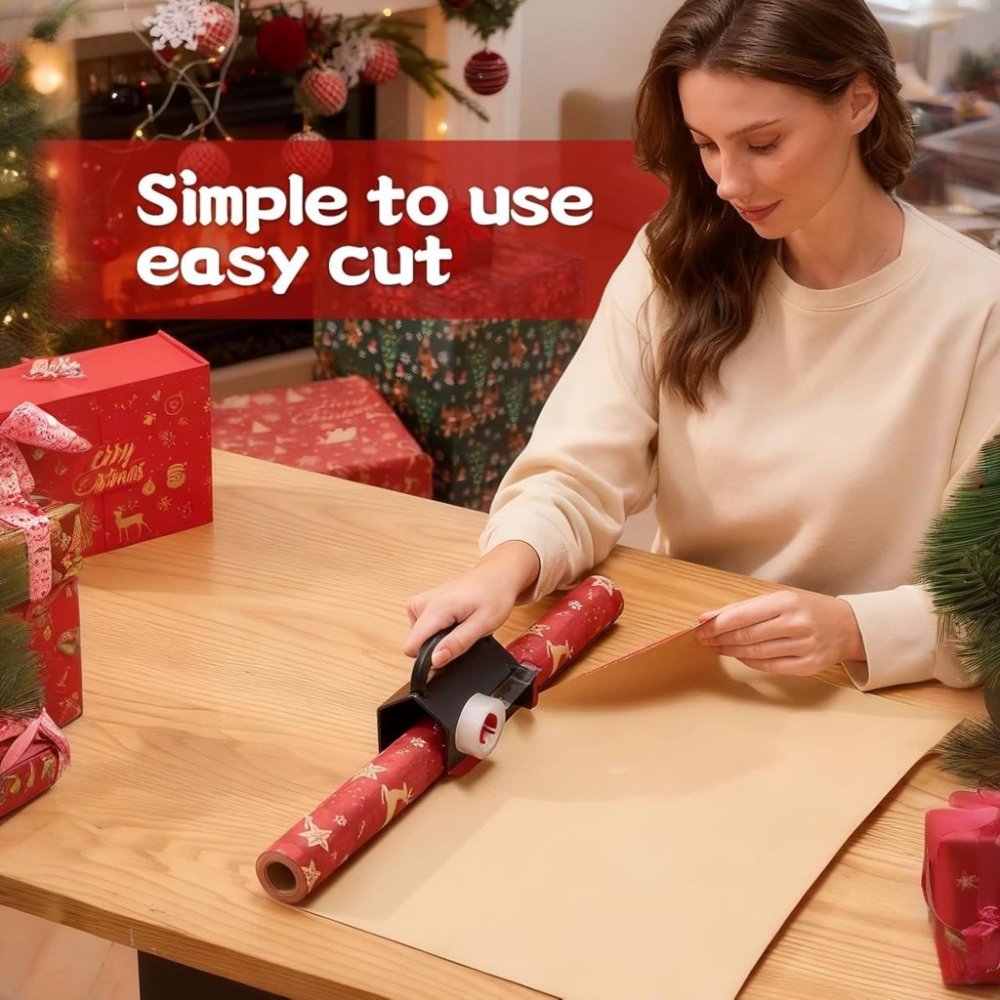 Wiher Wrapping Paper Cutter & Tape Dispenser, Gift Wrap Cutter Tool Dual Use Sliding Design with 4 Tapes & 2 Replacement Blades for Holiday & Birthday Gift Wrapping Paper Roll, 2 Pack（Black Red）