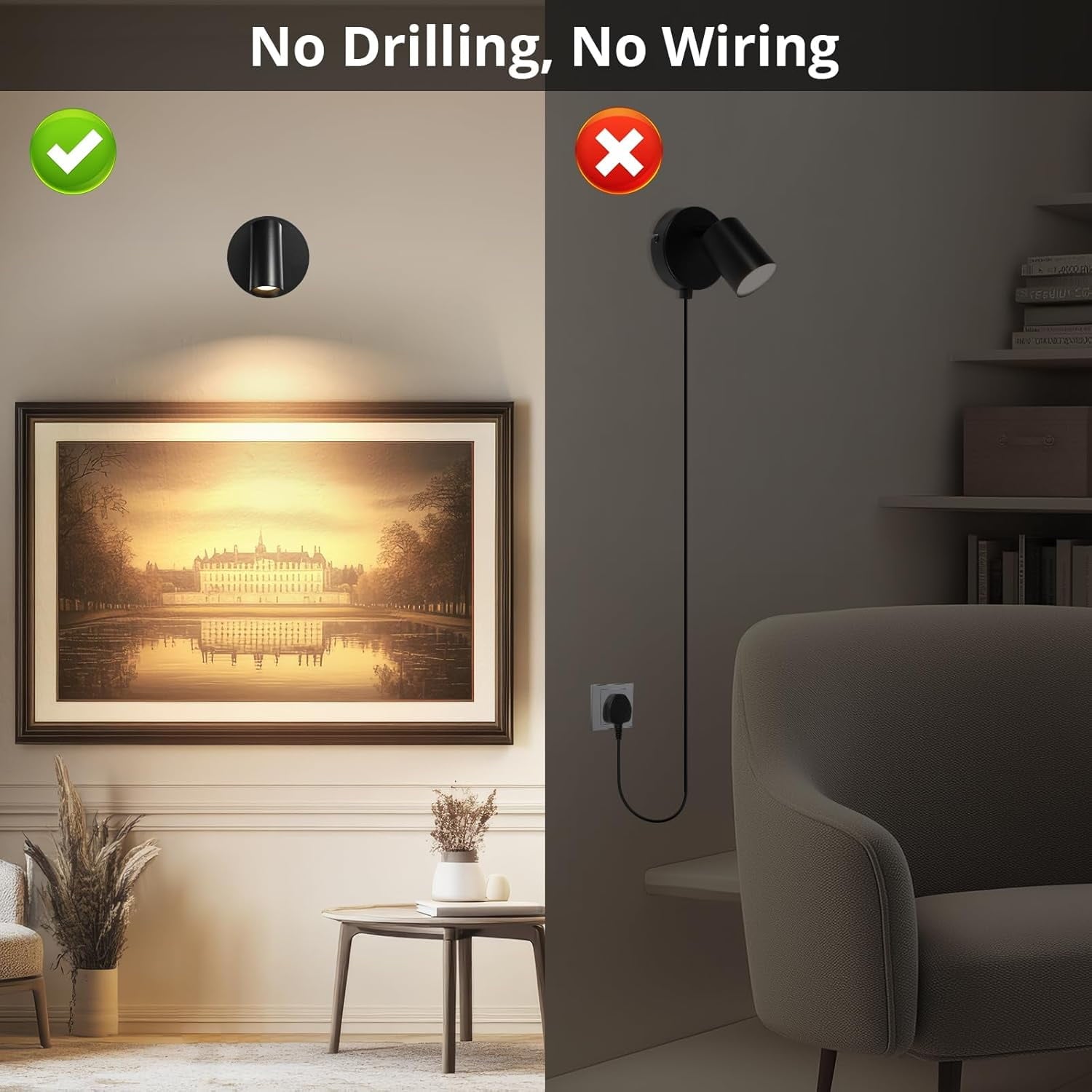 Wireless Led Spotlight Indoor Rechargeable Uplighting Indoor with Remote Dimmable 350° Rotate Battery Powered Ceiling Spotlight for Artwork Painting Tree Black 2pcs