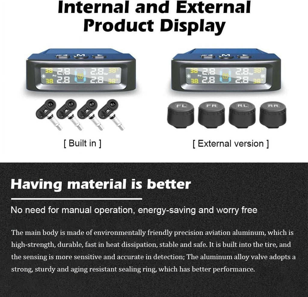 RV Tire Pressure Monitoring System Tire Pressure Monitor with Solar Charge LCD Display Auto Sleep Mode for Trailer Truck Off Road Pickup(4 Sensors Built In Voice Version)