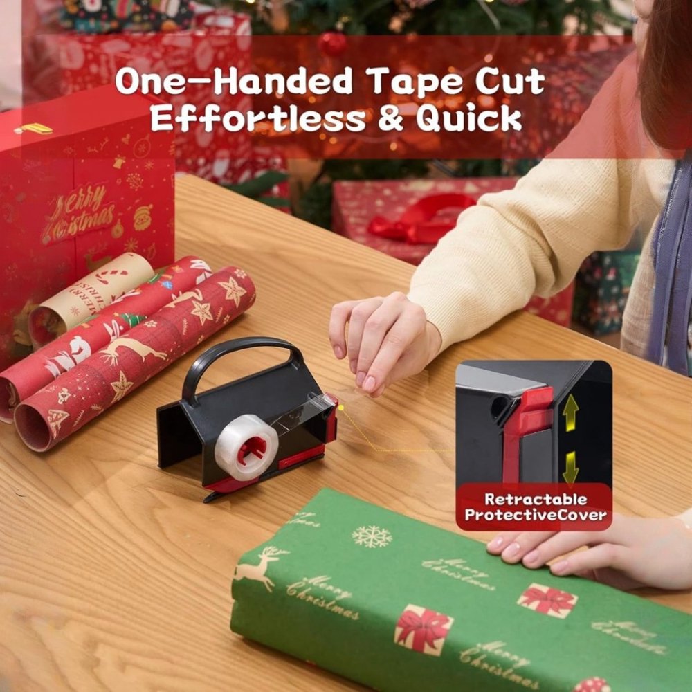 Wiher Wrapping Paper Cutter & Tape Dispenser, Gift Wrap Cutter Tool Dual Use Sliding Design with 4 Tapes & 2 Replacement Blades for Holiday & Birthday Gift Wrapping Paper Roll, 2 Pack（Black Red）
