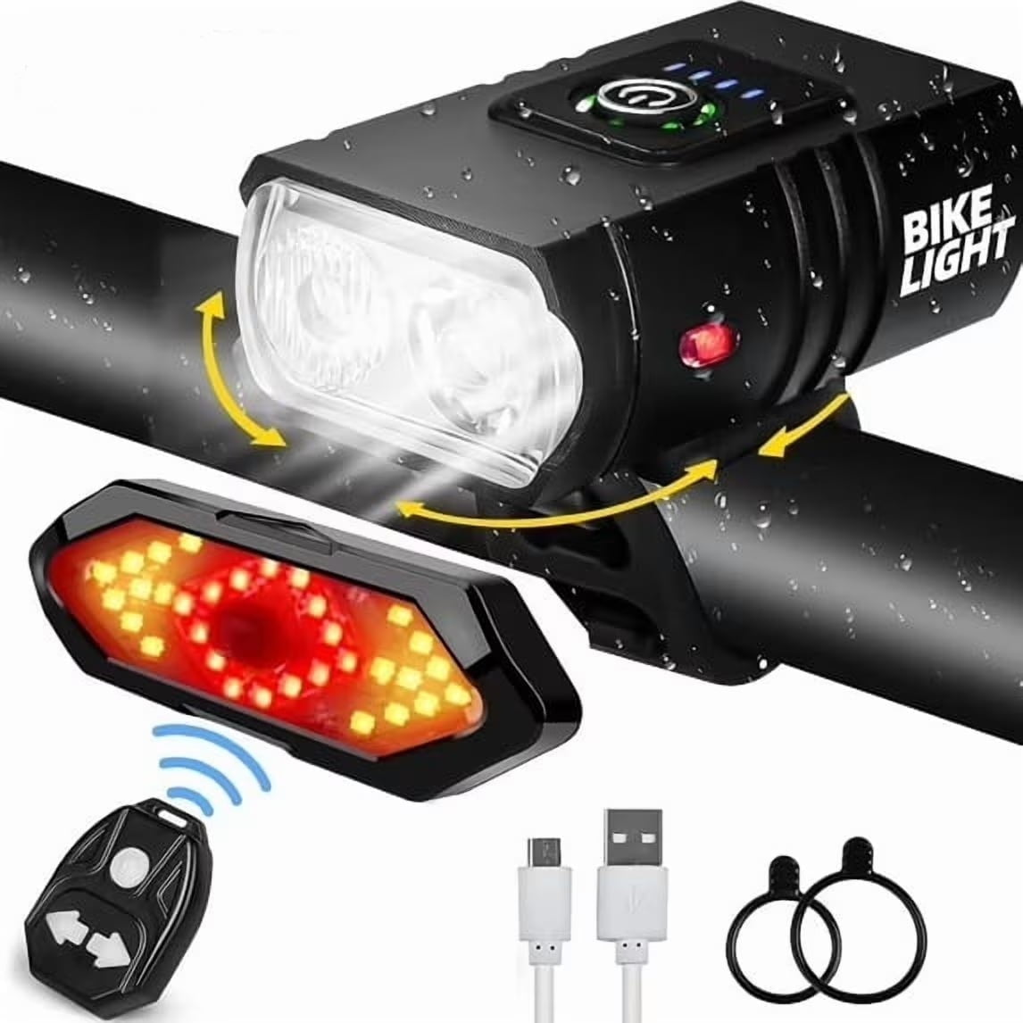 Bike Light Set with Bike Horn Alarm Remote Control Bike Tail Light with Turn Signals Bike Headlight for Night Riding Rechargeable Rear and Front Bike Light