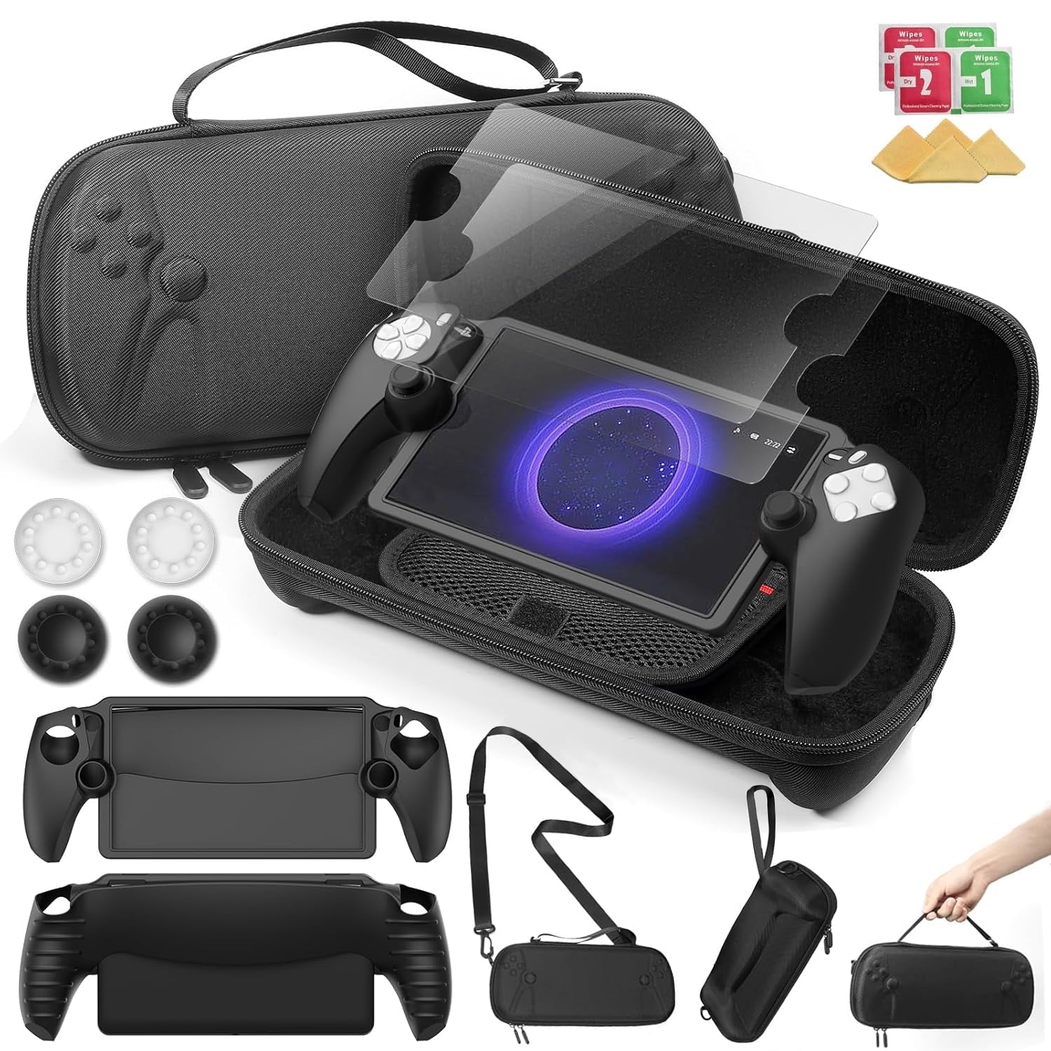 Carrying Case Accessoris Kit for Playstation Portal Hard Shell Case with Silicone Protective Cover & 2 Screen Protector & 4 Thumb Grip Caps Travel Crossbody Handbag for PS Portal Bundle Accessories