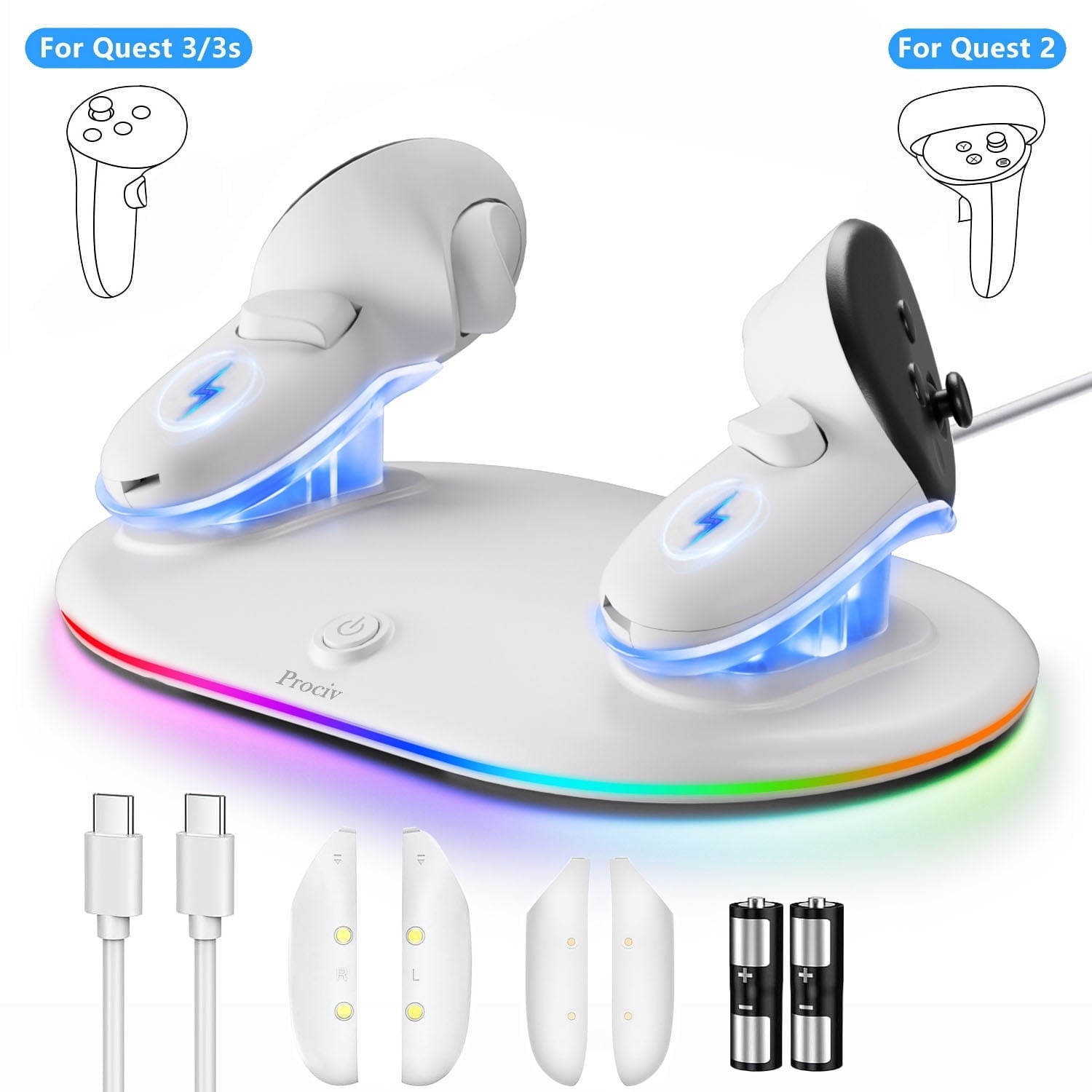 Charging Dock for Meta Quest 3S/Quest 3/Quest 2 Controller Oculus Quest 3 Magnetic Wireless Charging Station for Grip Controller with 2 Rechargeable Batteries & USB-C Cable White