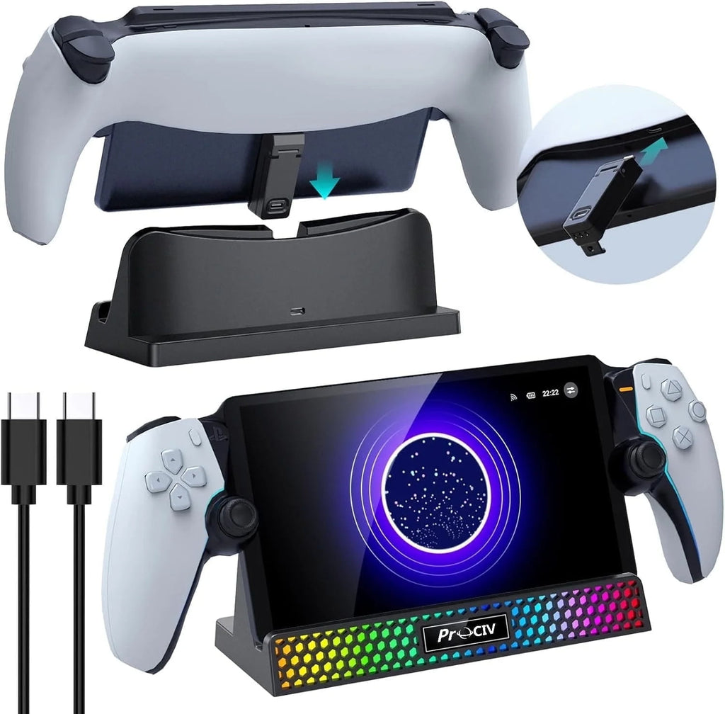 Charging Dock for PlayStation Portal 3 in 1 Charging Stand for PS5 Portal with 14 RGB Light and 4.9ft USB C Charging Cable Portable Charger Accessories for PlayStation Portal Remote Player(Black)