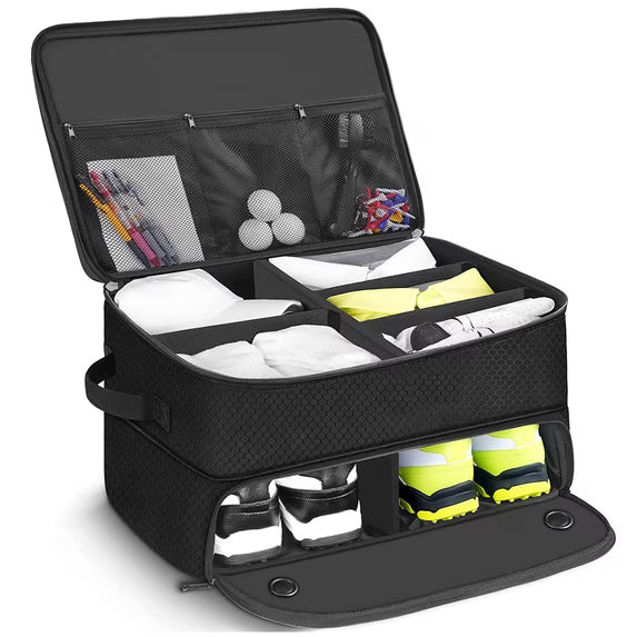 Golf Trunk Organizer Storage, 2 Layer Waterproof Storage Locker with Separate Compartment, 2 Pair Shoes and Accessories Storage for Balls, Tees, Clothes, Gloves, Accessories, Foldable